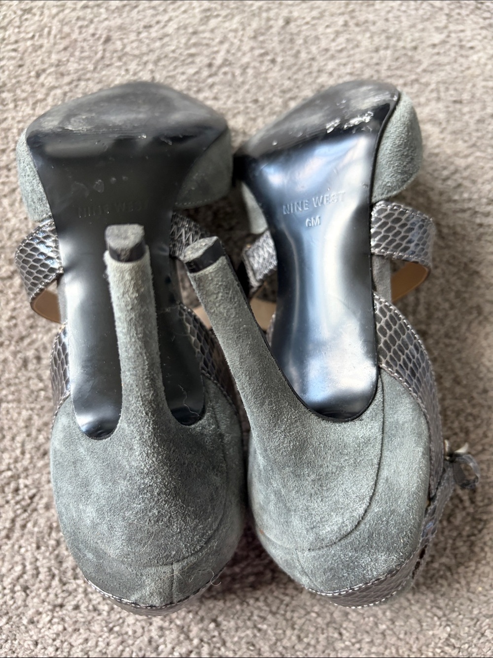 Nine West Pointed-Toe Suede Heels with Snakeskin Crisscross Straps - Gray - Picture 7 of 10